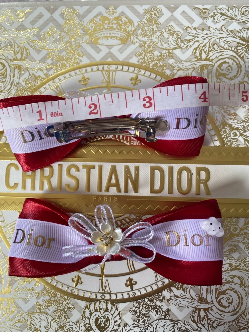 Dior Kids Red and White Ribbon Hair Bows with Gold Logo & Flower Accent (Pair)
